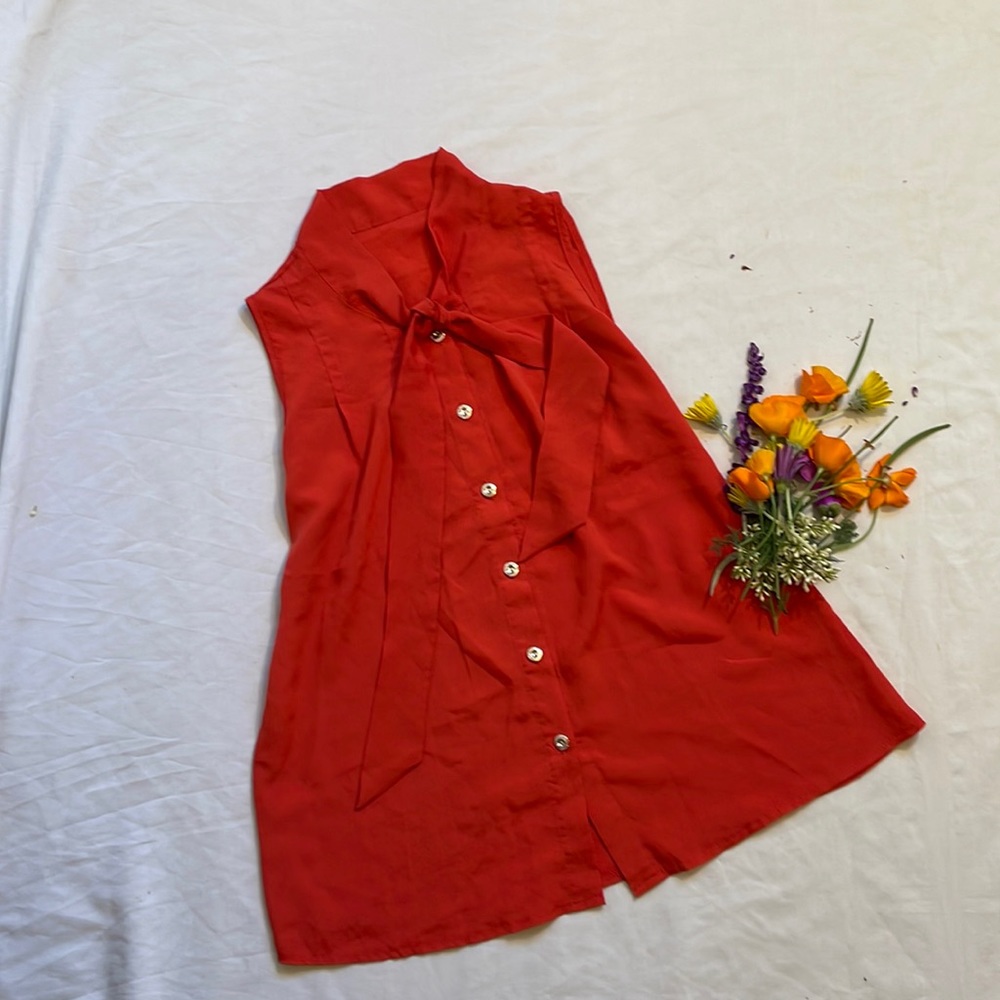 Vintage Orange Swing Sleeveless Blouse with Tie size XS